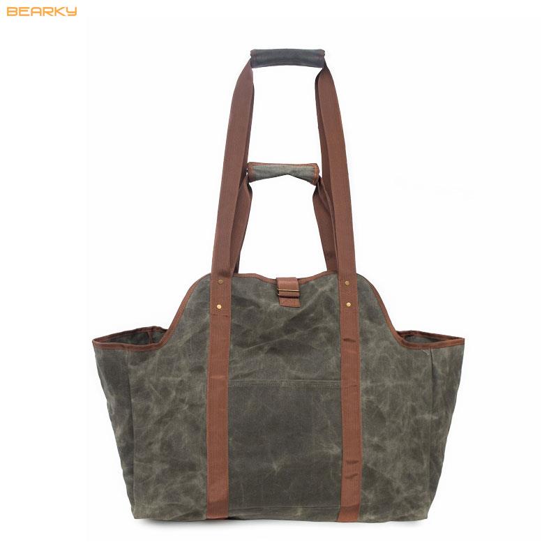 : Oversized Waxed Canvas Firewood Tote with Reinforced Straps